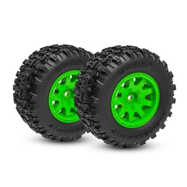 Traxxas Roues complètes Mini Maxx - Jantes vert - Pneus Sledgehammer - Arrière